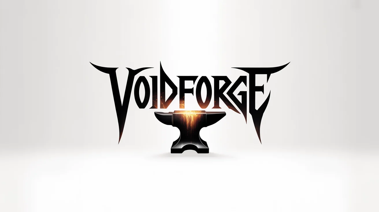 A mockup of a heavy metal band logo for the fictional band 'VOIDFORGE' on a white background. The logo is in a spiky, aggressive black metal font.
