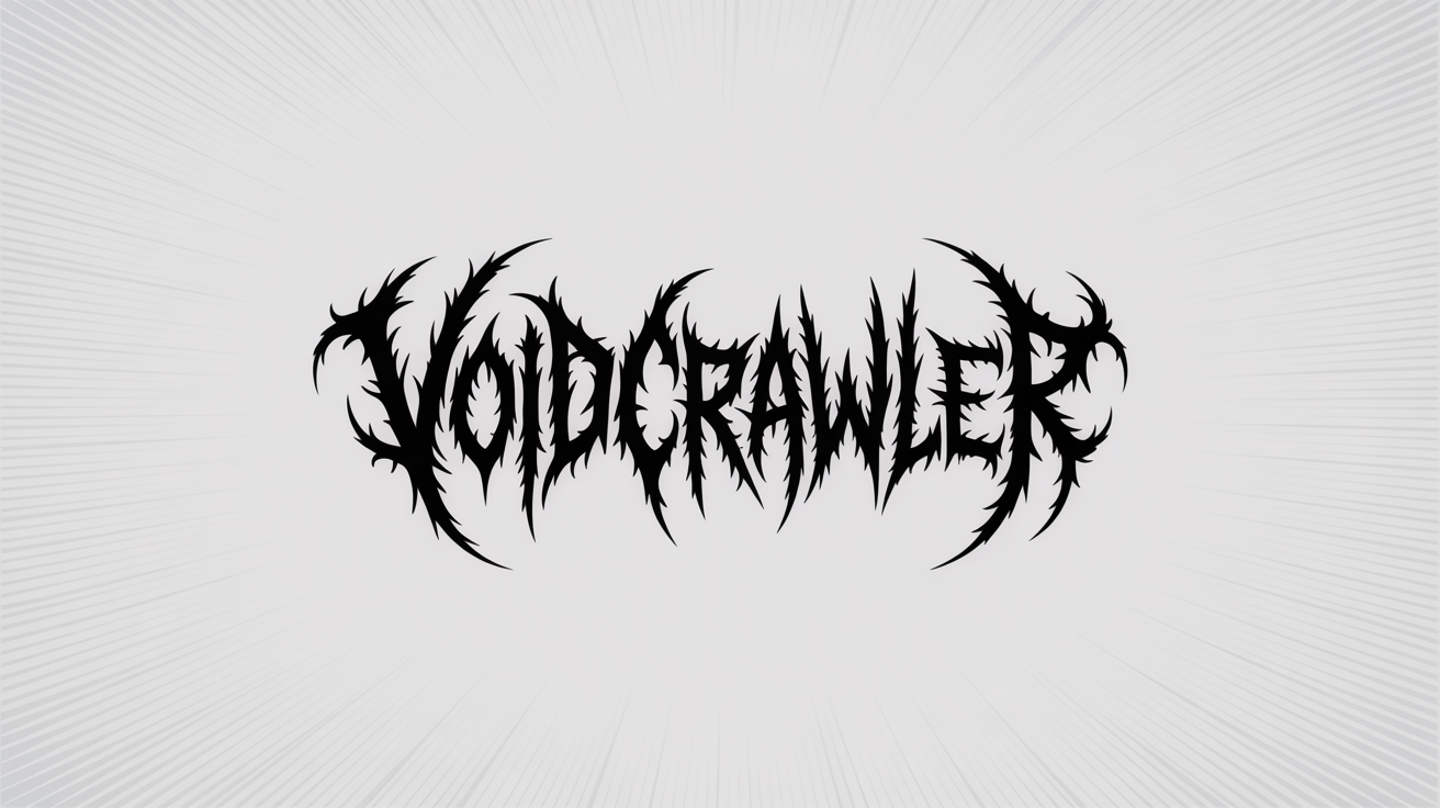 A mockup of a black metal band logo for the fictional band 'Voidcrawler', featuring a spiky, intricate, and symmetrical design in black on a clean white background.