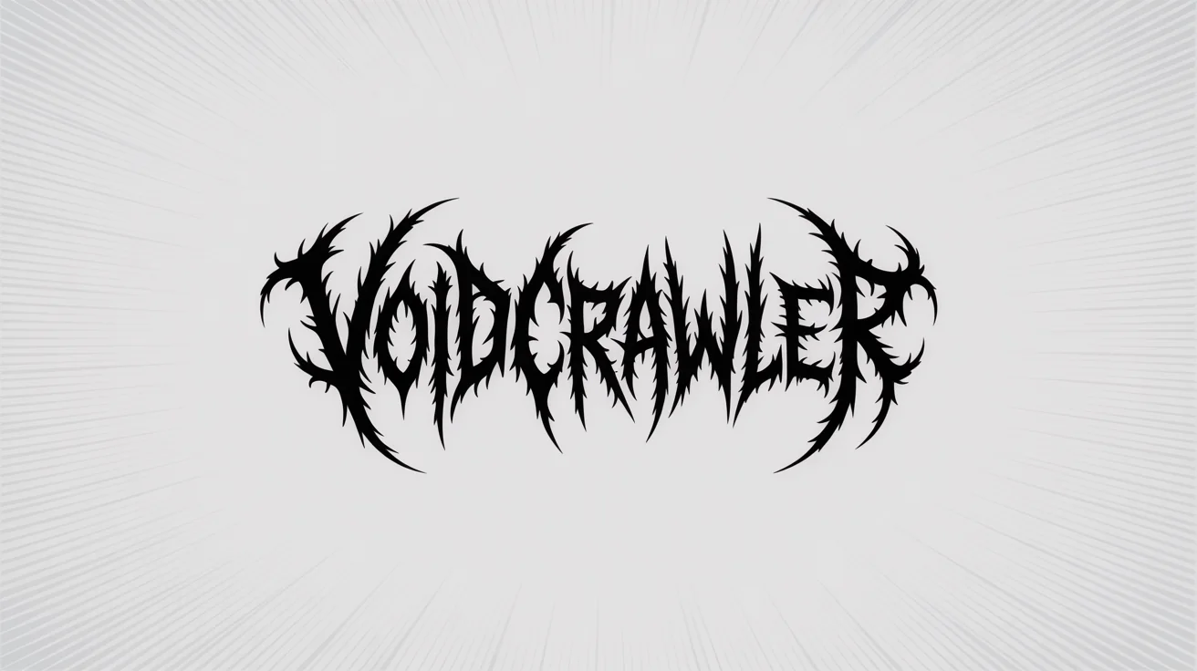 A mockup of a black metal band logo for the fictional band 'Voidcrawler', featuring a spiky, intricate, and symmetrical design in black on a clean white background.