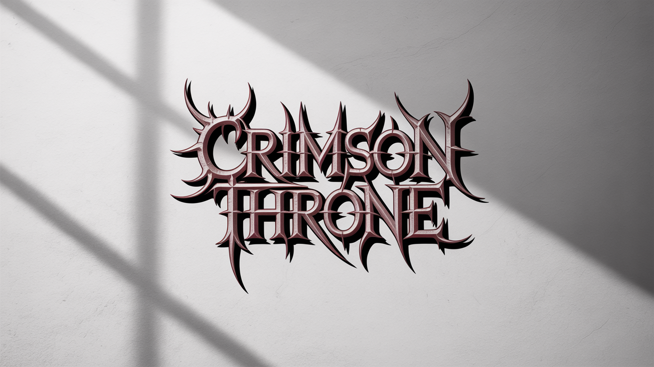 A mockup of a brutal death metal logo for the fictional band "CRIMSON THRONE", featuring spiky, dark chrome lettering with red accents, set against a stark white background.