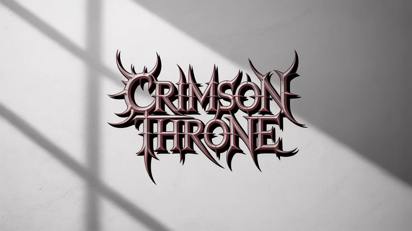 A mockup of a brutal death metal logo for the fictional band "CRIMSON THRONE", featuring spiky, dark chrome lettering with red accents, set against a stark white background.