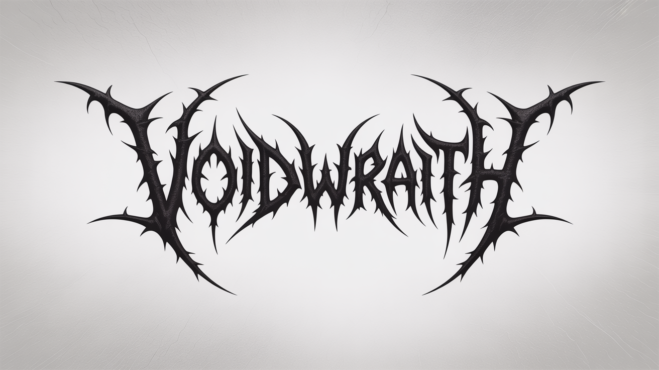 A professional mockup of a dark, spiky metal band logo for the fictional band 'VOIDWRAITH', presented on a clean white background.