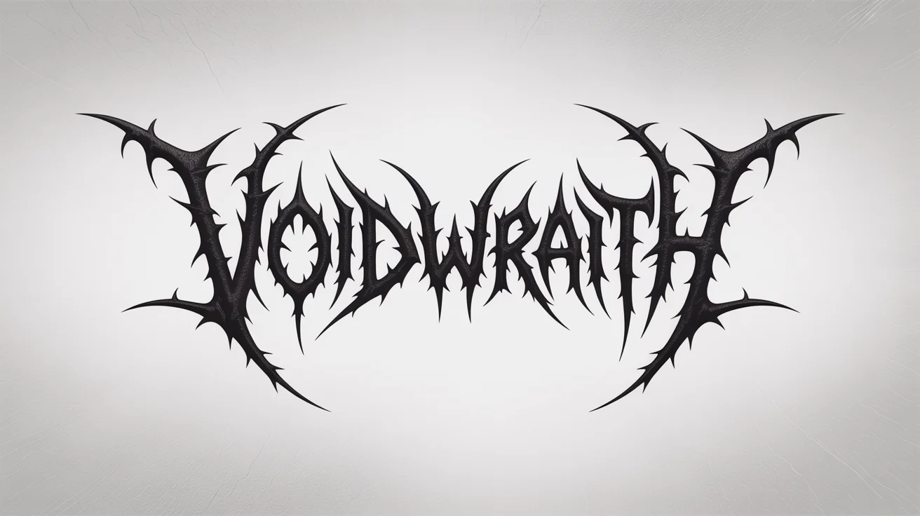 A professional mockup of a dark, spiky metal band logo for the fictional band 'VOIDWRAITH', presented on a clean white background.