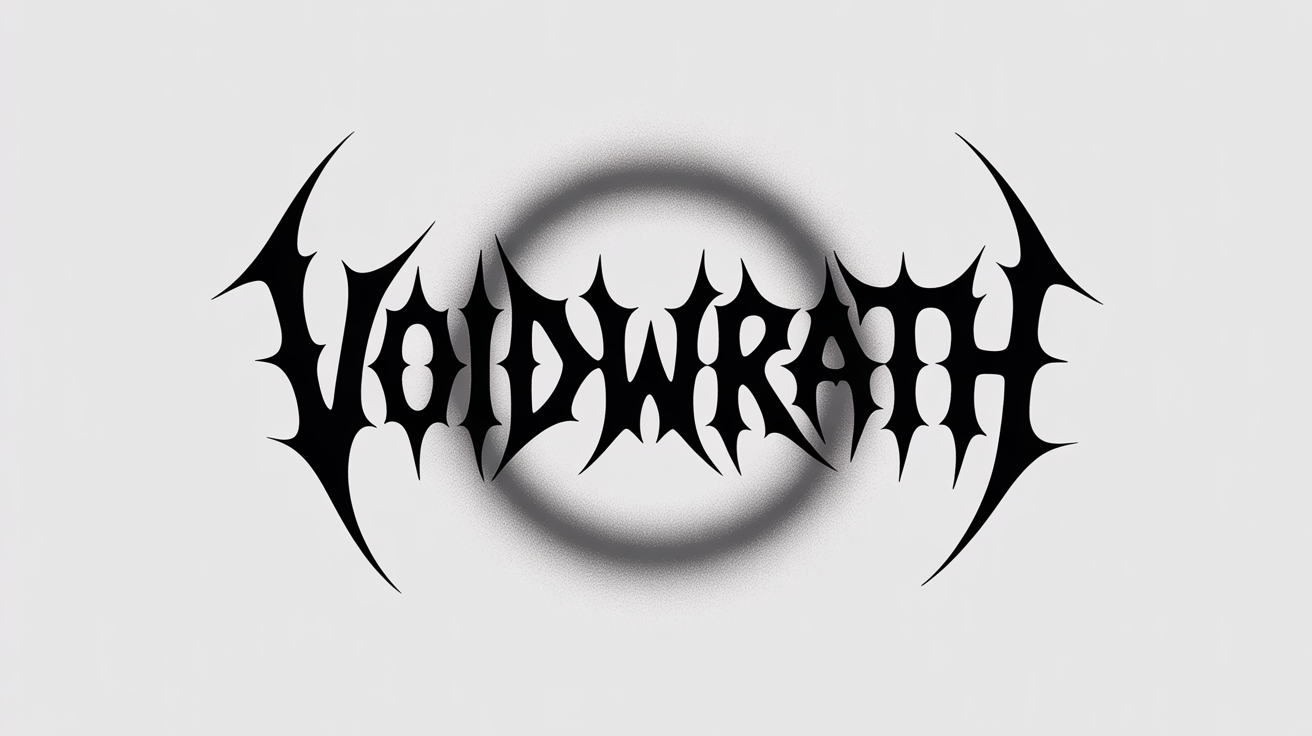 A detailed, black death metal style logo for the fictional band 'VOIDWRATH', featuring sharp, symmetrical, and thorny lettering on a stark white background.