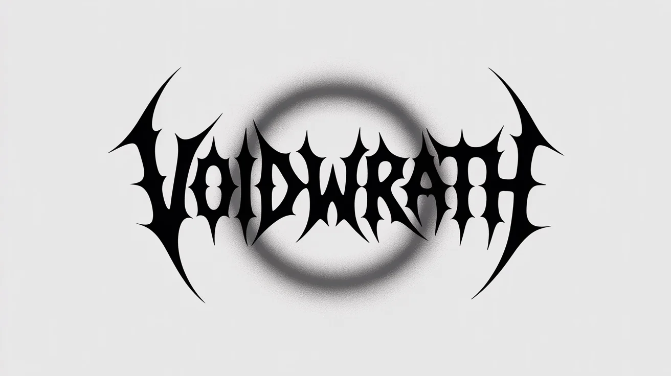 A detailed, black death metal style logo for the fictional band 'VOIDWRATH', featuring sharp, symmetrical, and thorny lettering on a stark white background.
