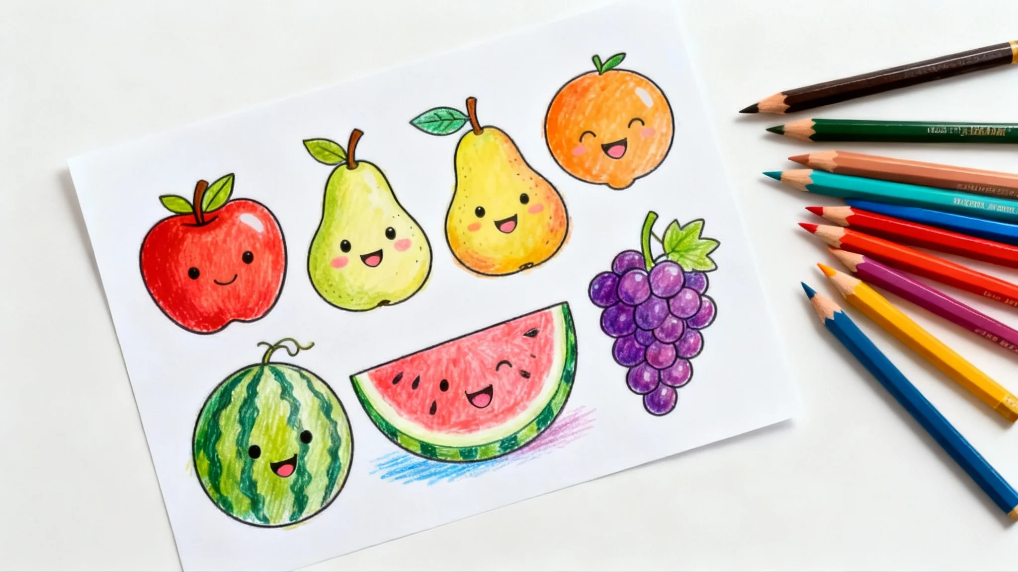 A beautifully colored-in page of cartoon fruits, seen from above on a clean white surface with colored pencils next to it, representing a finished coloring page.