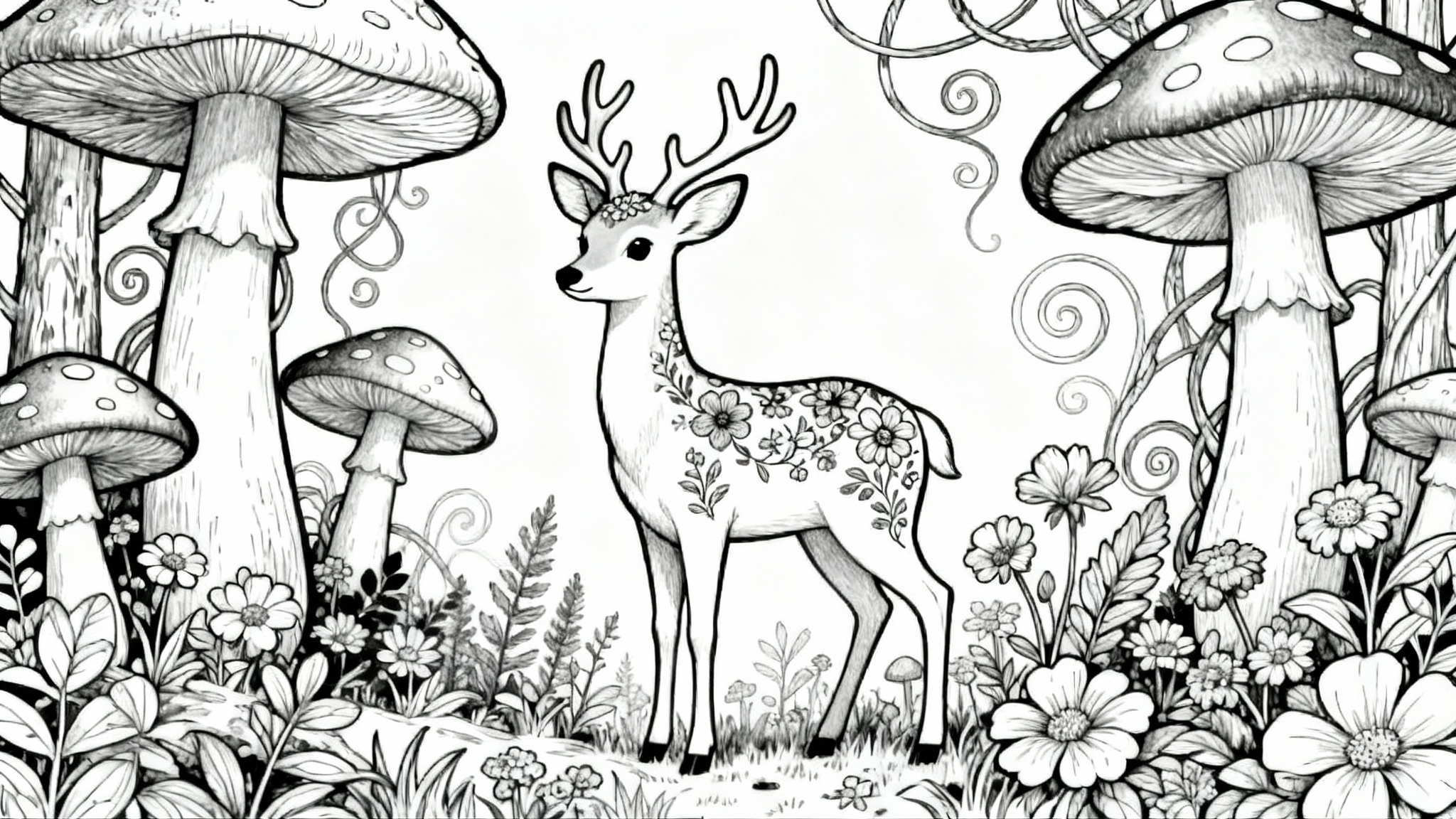 A black and white line art coloring page of a detailed deer in an enchanted forest setting, with large mushrooms and flowers, ready to be colored.