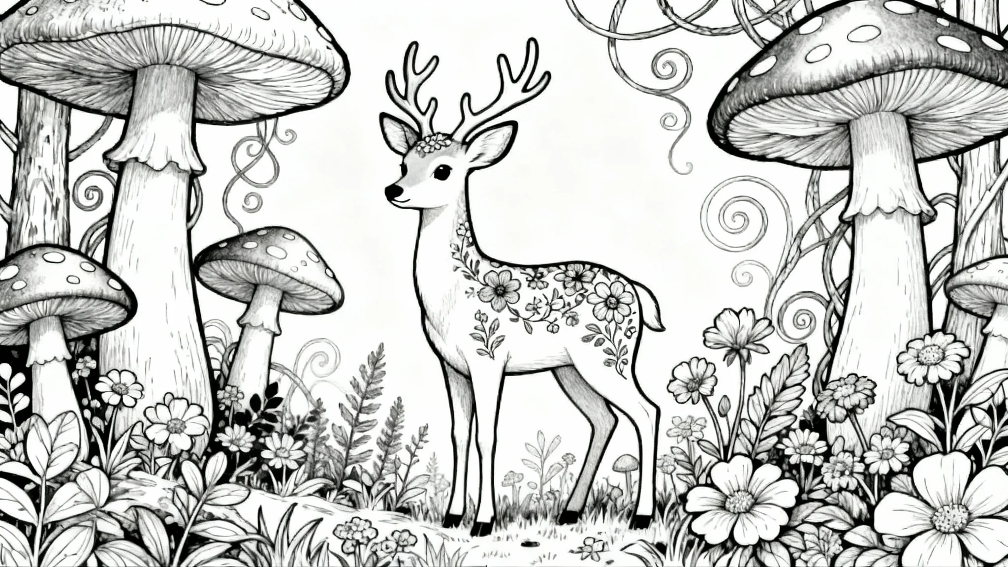 A black and white line art coloring page of a detailed deer in an enchanted forest setting, with large mushrooms and flowers, ready to be colored.