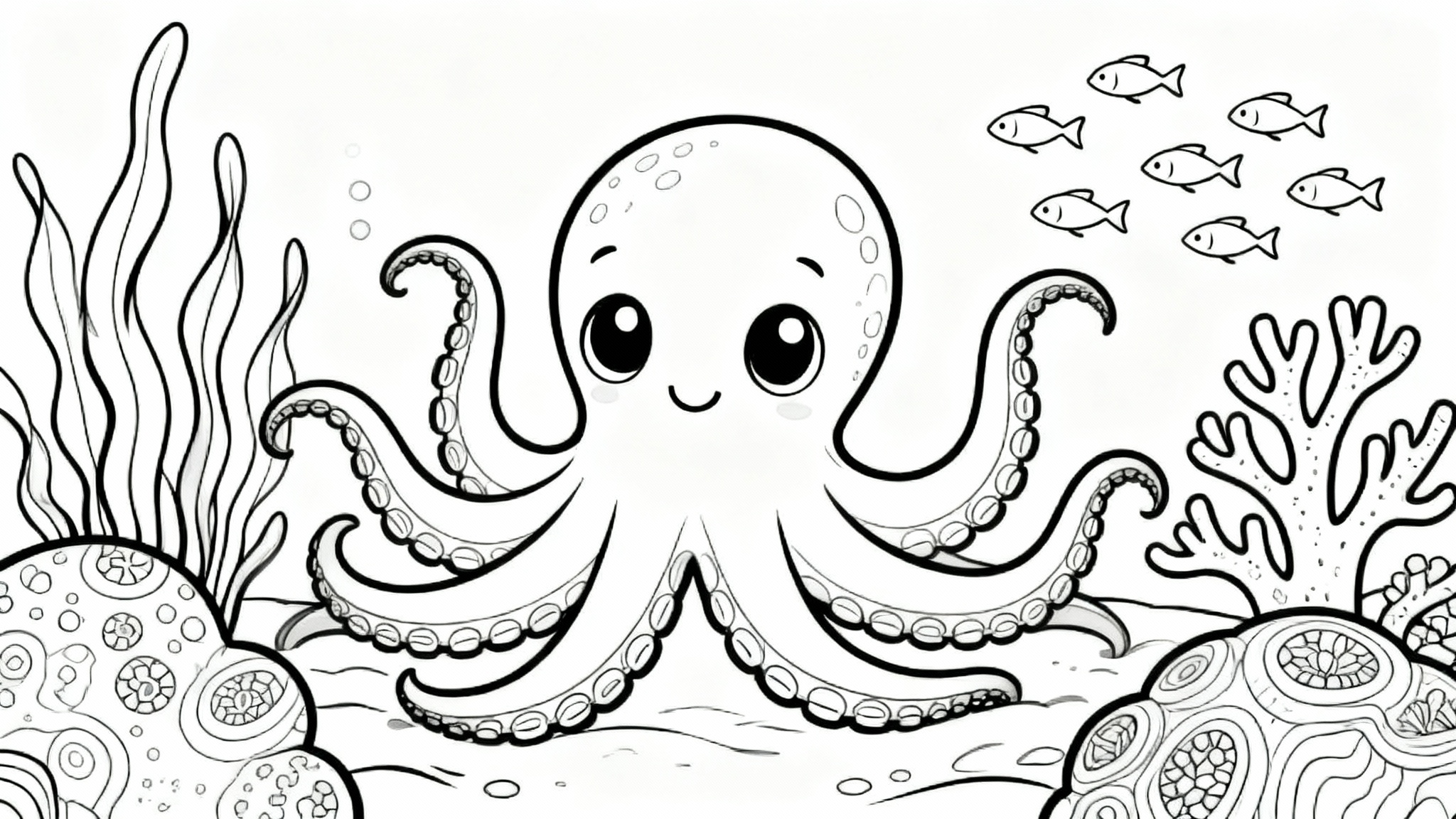 A black and white line art coloring page showing a smiling octopus surrounded by fish and coral, ready to be colored. The background is solid white.
