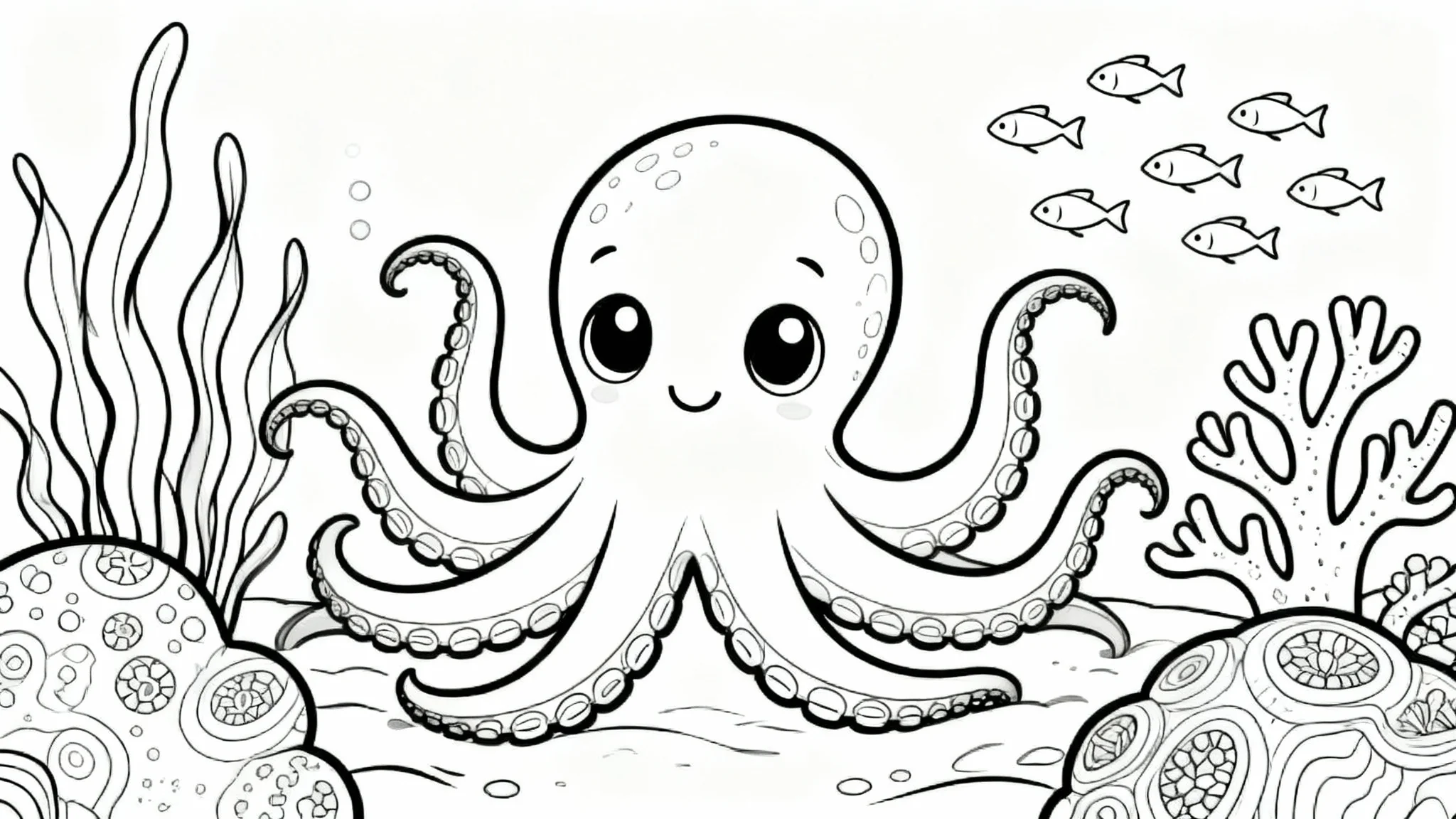 A black and white line art coloring page showing a smiling octopus surrounded by fish and coral, ready to be colored. The background is solid white.