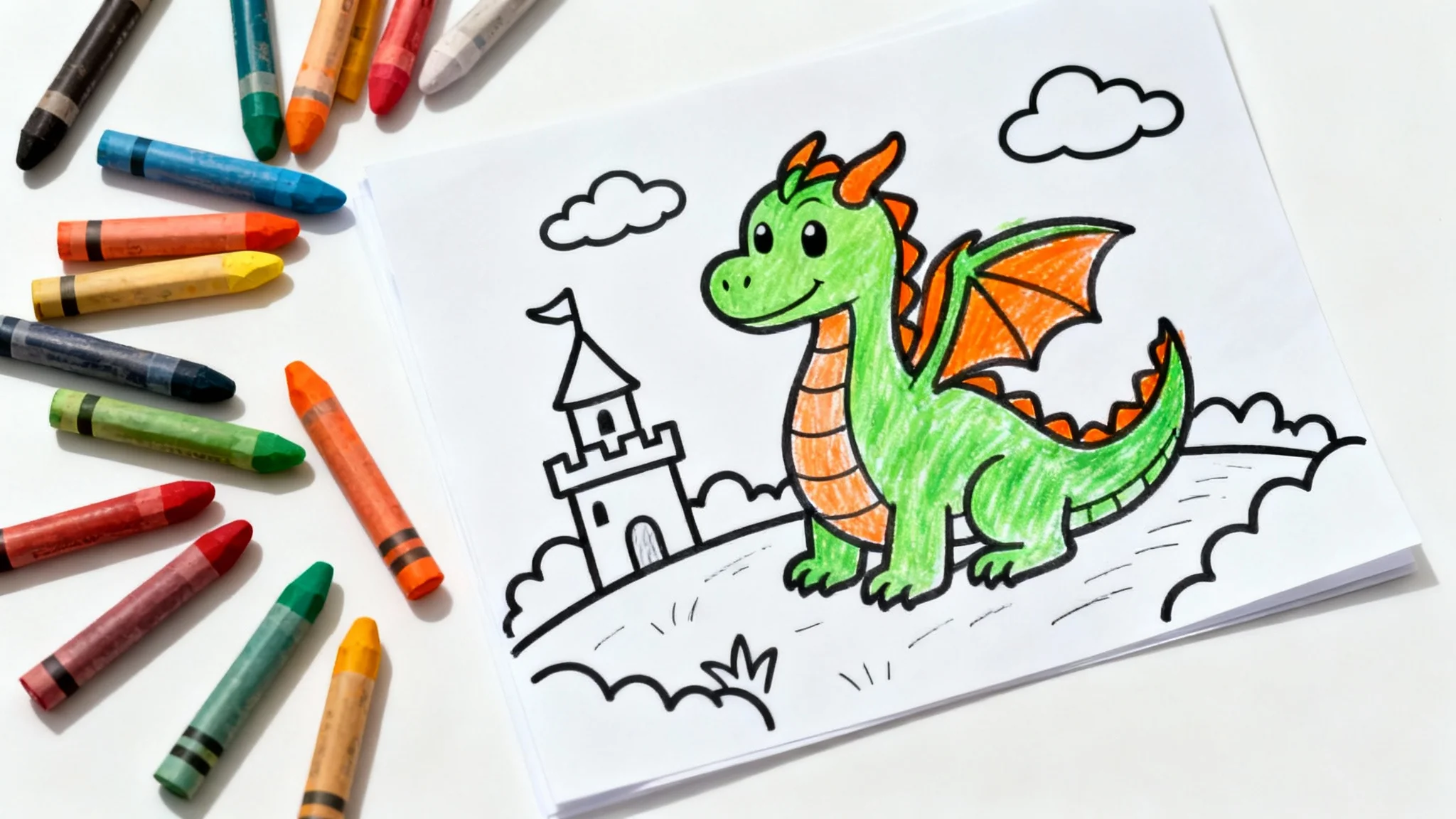 A top-down view of a children's coloring page featuring a cartoon dragon, partially colored in with green and orange crayon. Several crayons lie next to the page on a clean white background.