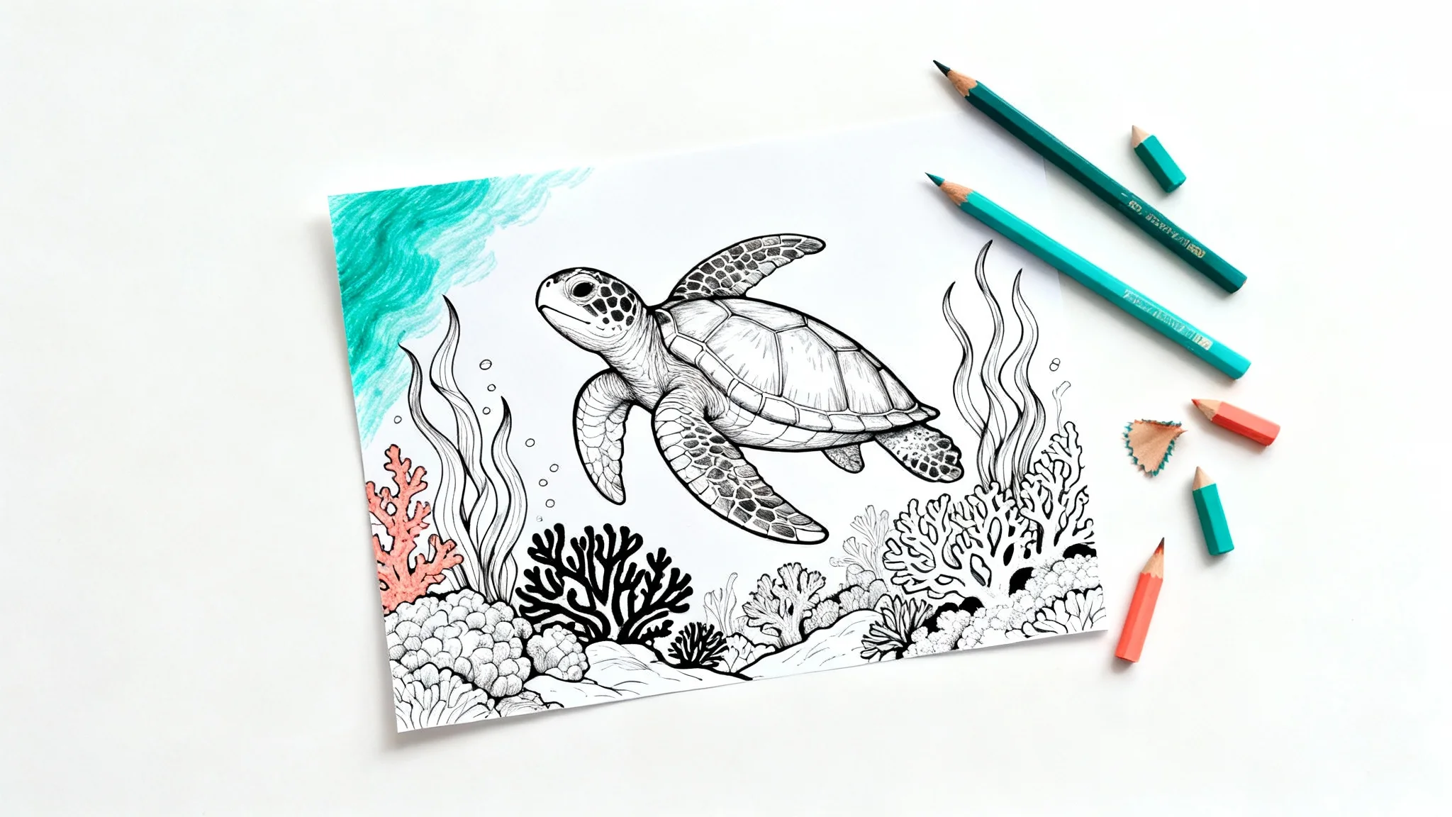 A flat lay image of a detailed sea turtle coloring page on a white background, partially colored in with vibrant teal and coral hues, with colored pencils lying next to it.