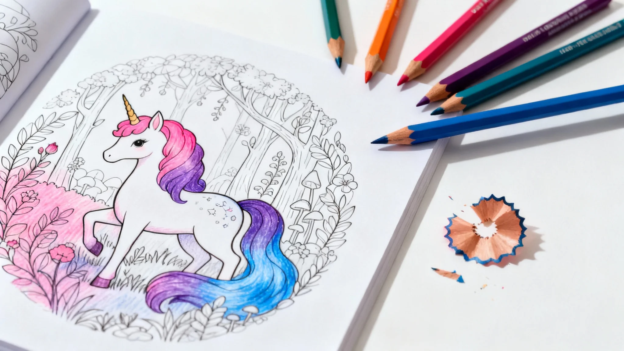 A top-down photo of a unicorn coloring page partially colored in with vibrant colors, with colored pencils lying next to it on a clean white background.
