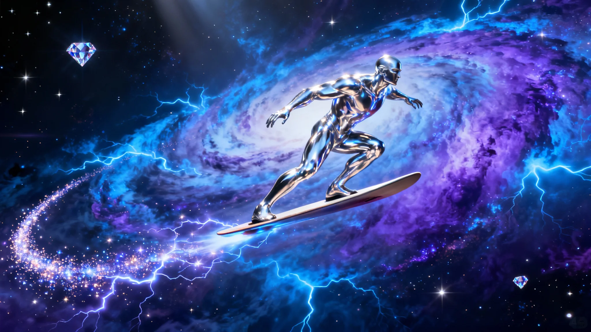 A stunning 4K wallpaper of the Silver Surfer flying through a vibrant blue and purple nebula, his metallic body reflecting the cosmic colors.