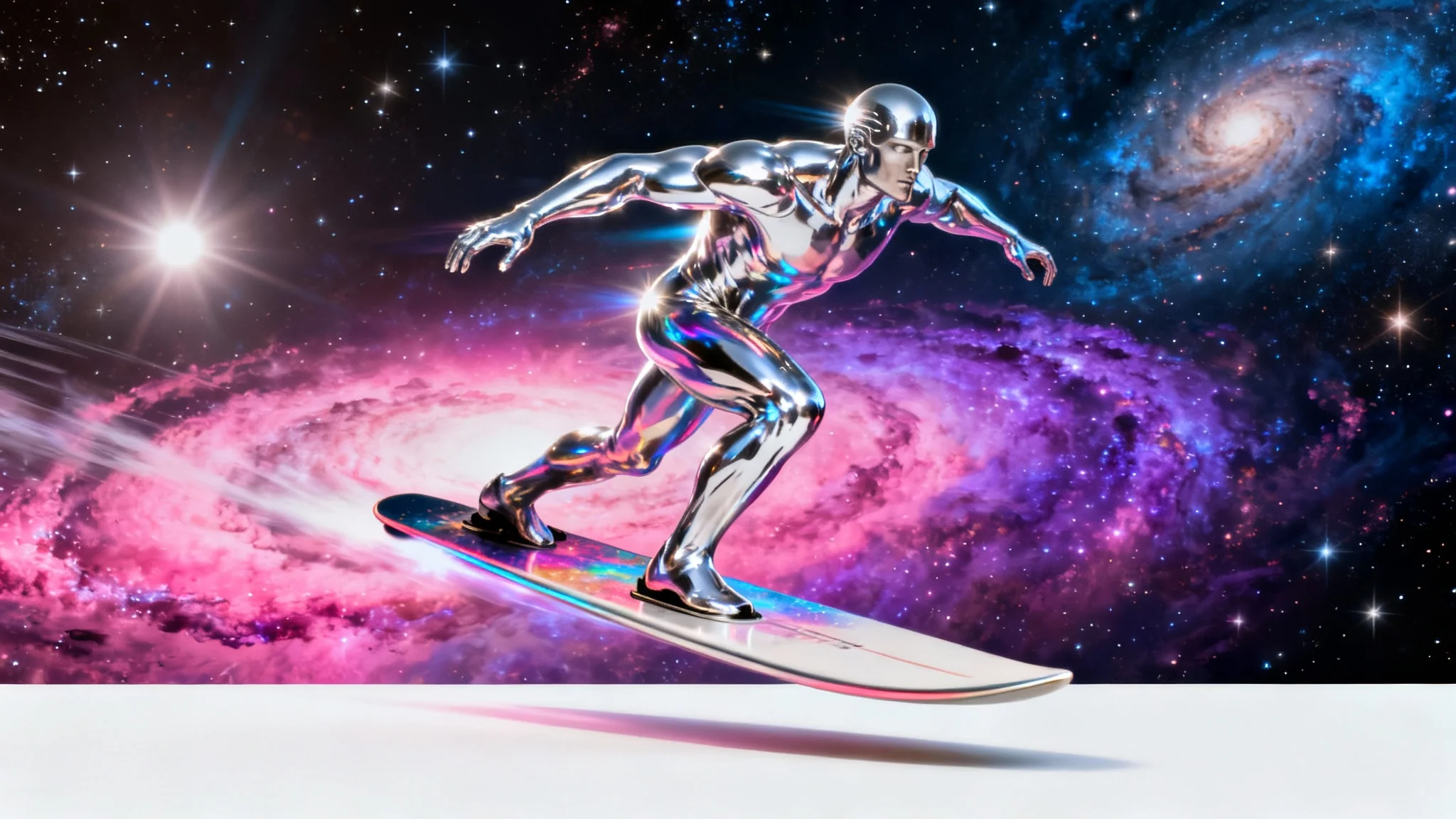 A hyper-realistic image of the Silver Surfer gliding through a colorful nebula in deep space on his surfboard, presented as a wallpaper mockup on a white background.