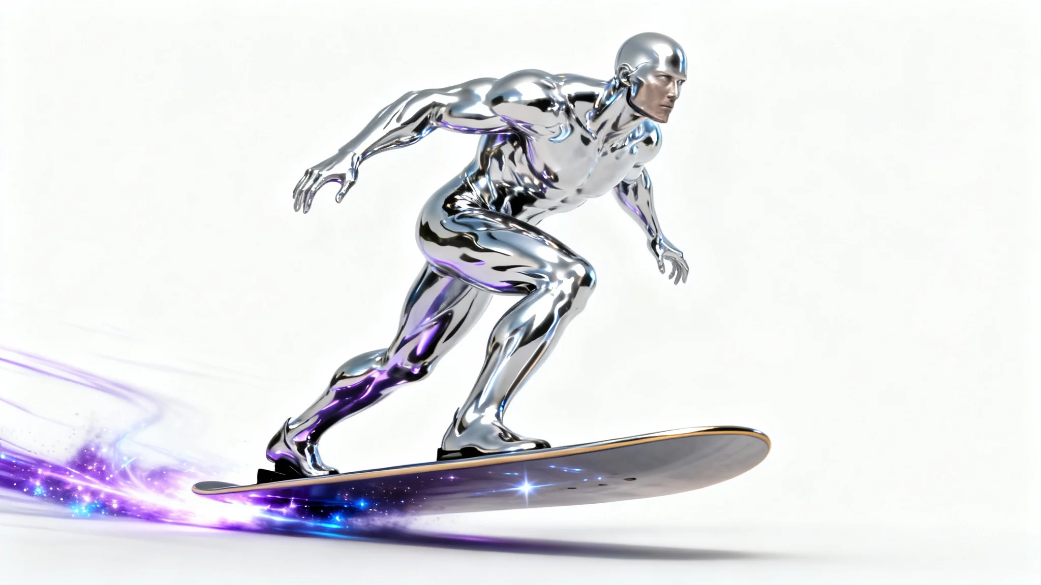 A photorealistic depiction of the Silver Surfer, his chrome body gleaming, as he dynamically rides his surfboard against a clean white background.