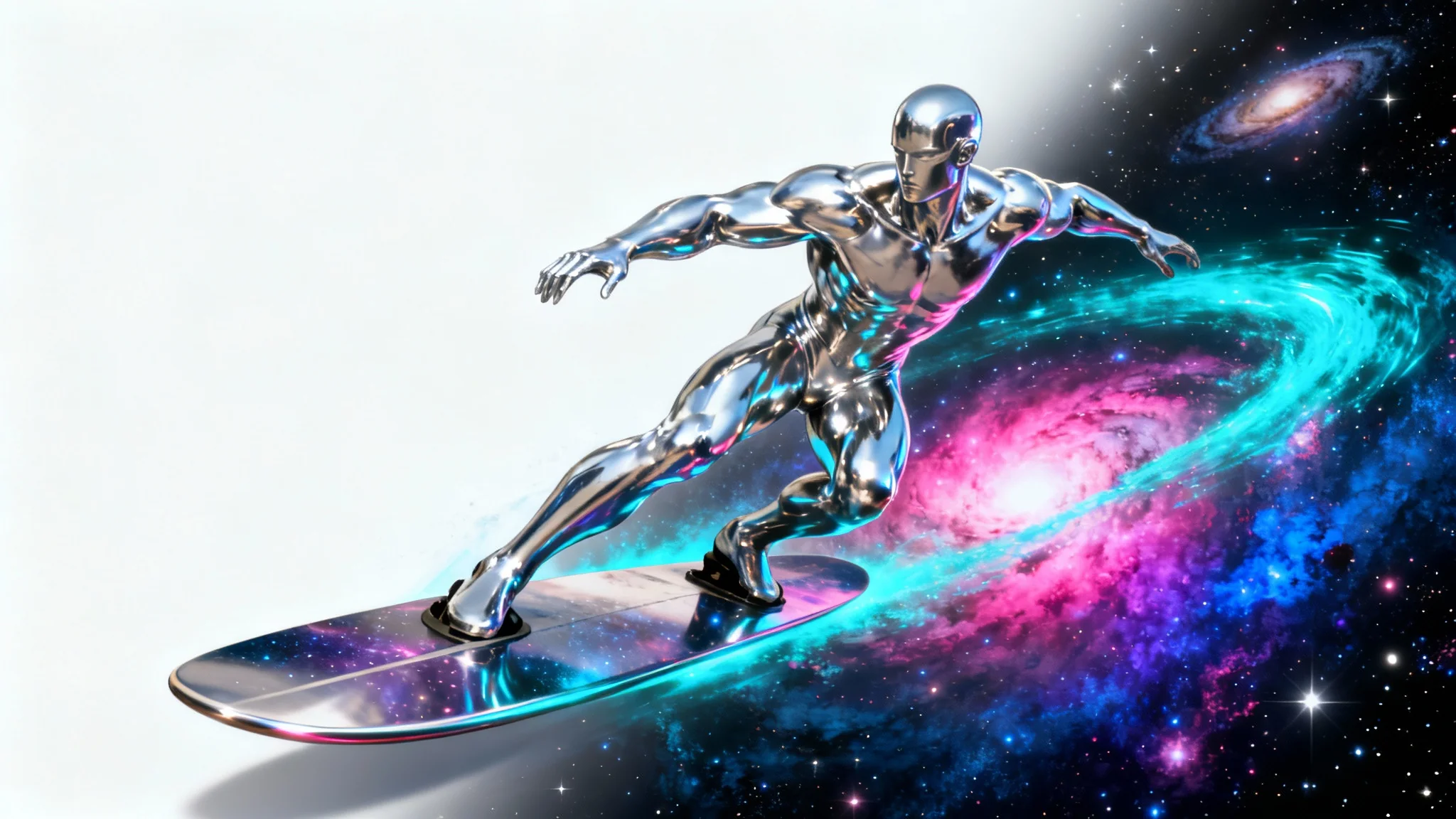 A photorealistic wallpaper of the Silver Surfer gliding through a colorful nebula in deep space, showcased on a plain white background.