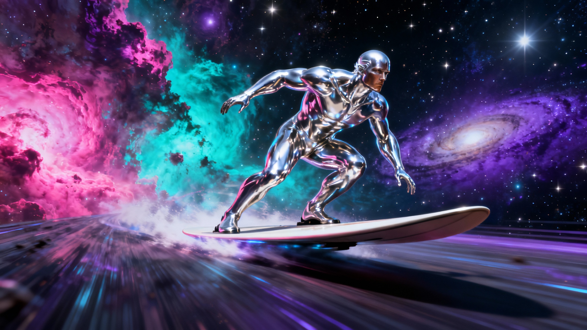 A photorealistic digital art wallpaper of the Silver Surfer, his chrome body reflecting a colorful nebula as he glides through deep space on his surfboard.