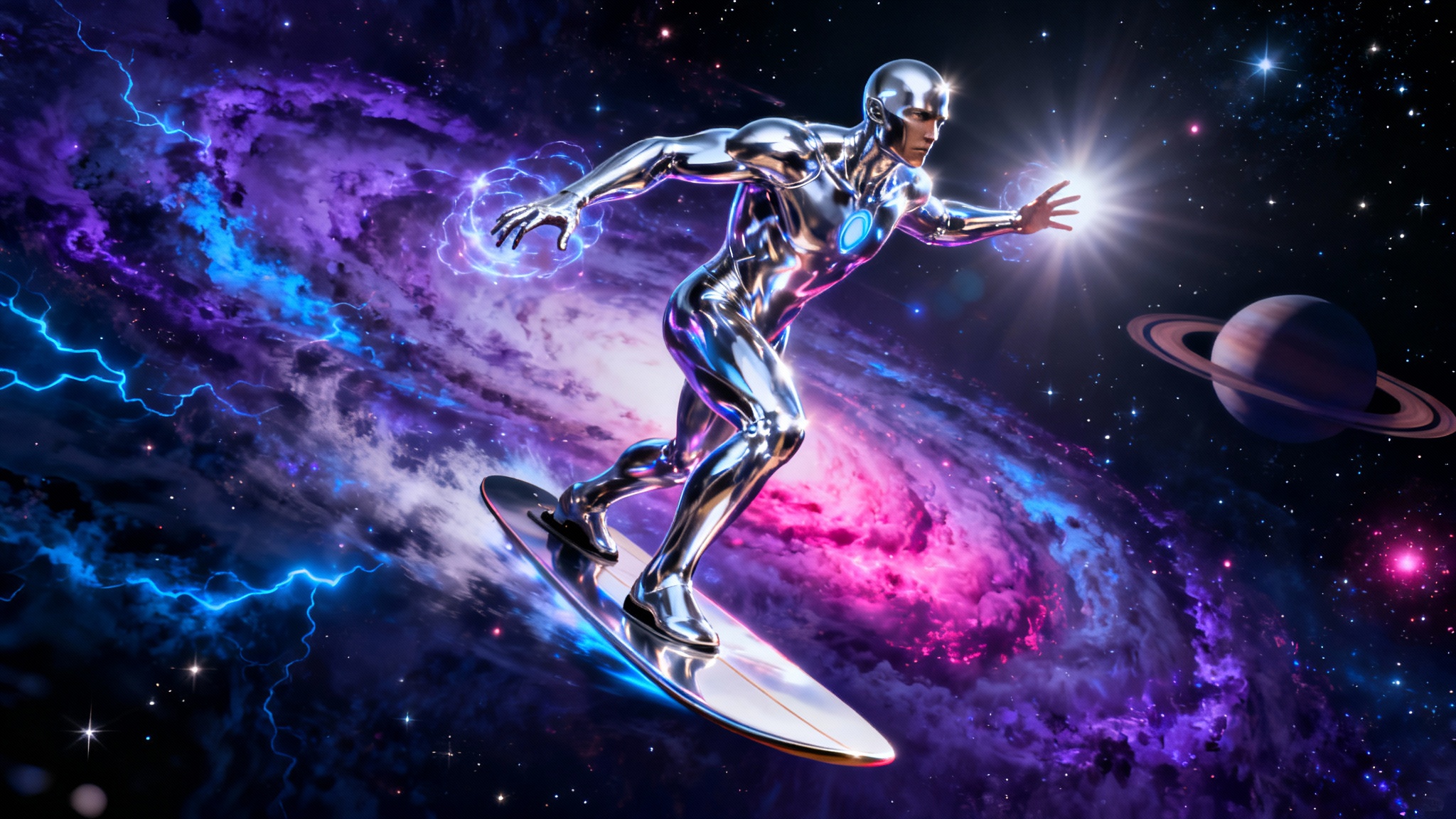 A hyper-realistic wallpaper of the Silver Surfer, his chrome body reflecting a vibrant nebula as he soars through deep space on his surfboard.
