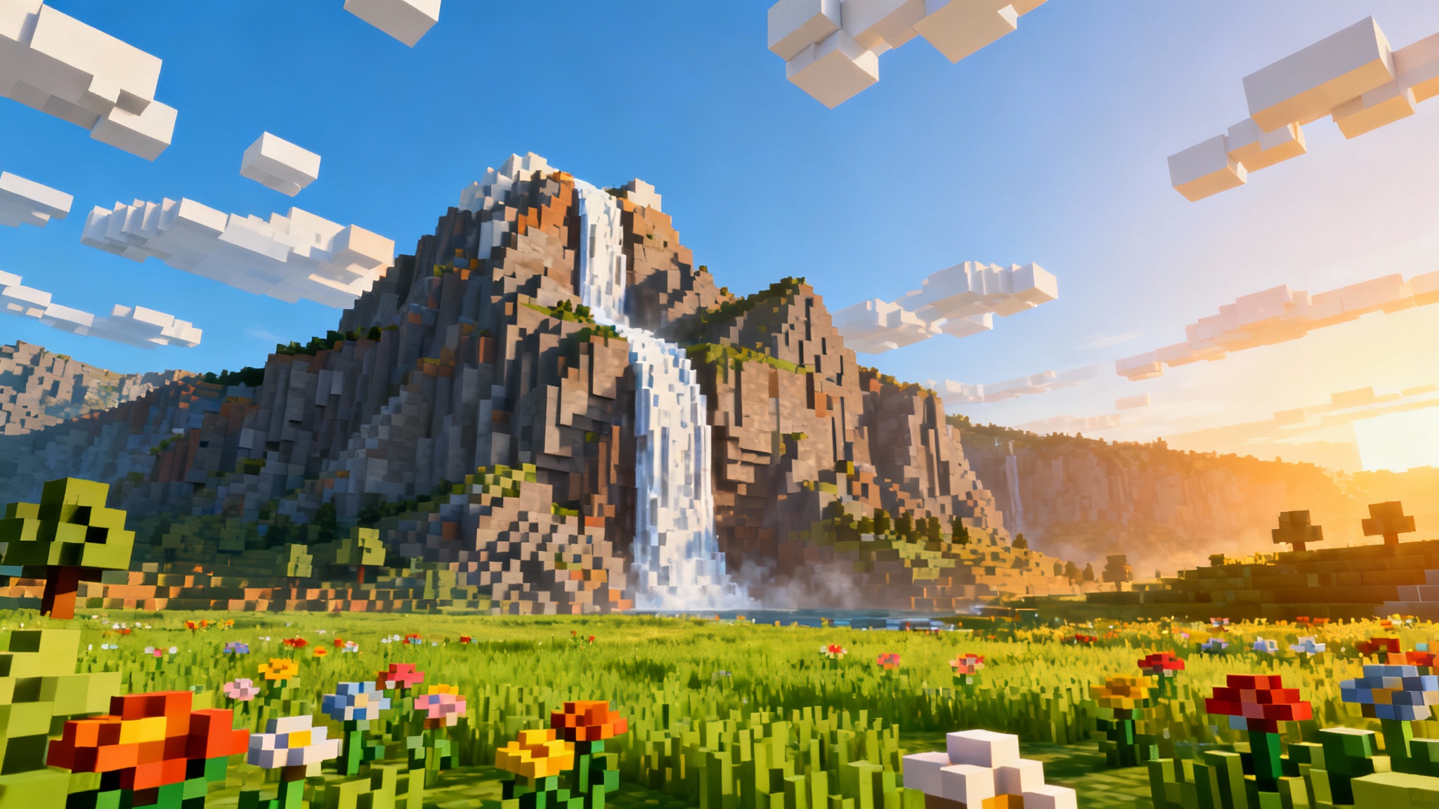 An epic, final result of a Minecraft-style landscape background, featuring a majestic waterfall, blocky mountains, and a lush meadow with pixelated flowers in a cinematic 16:9 view.