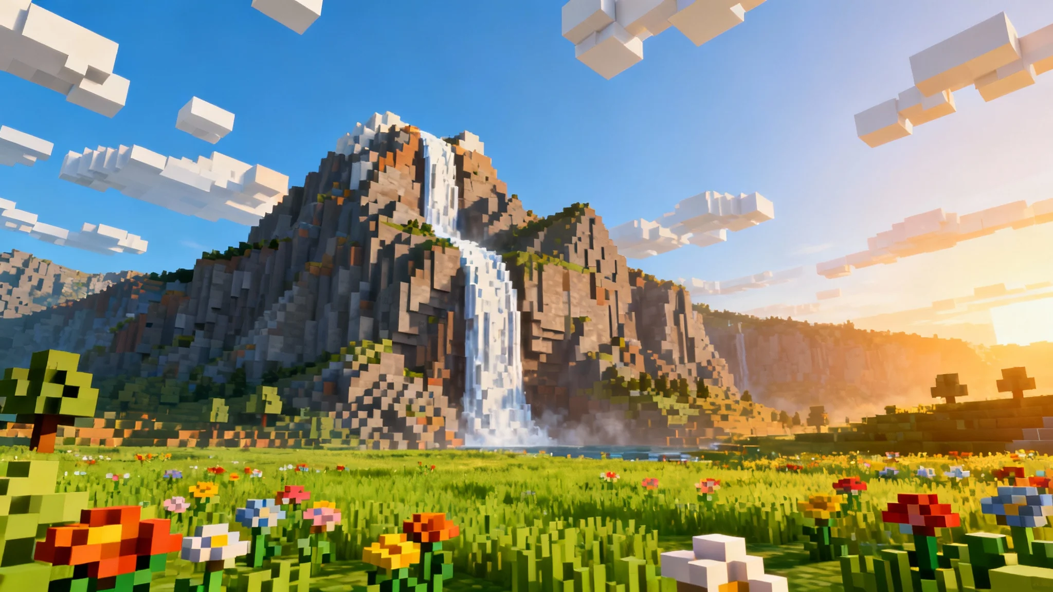 An epic, final result of a Minecraft-style landscape background, featuring a majestic waterfall, blocky mountains, and a lush meadow with pixelated flowers in a cinematic 16:9 view.