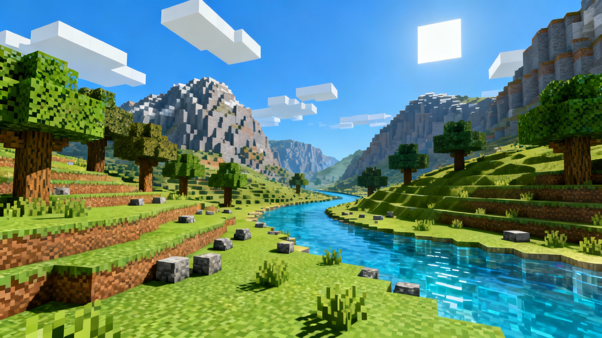 A vibrant, blocky landscape in the style of the game Minecraft, featuring green hills, cube-like trees, a river, and a square sun in a blue sky.