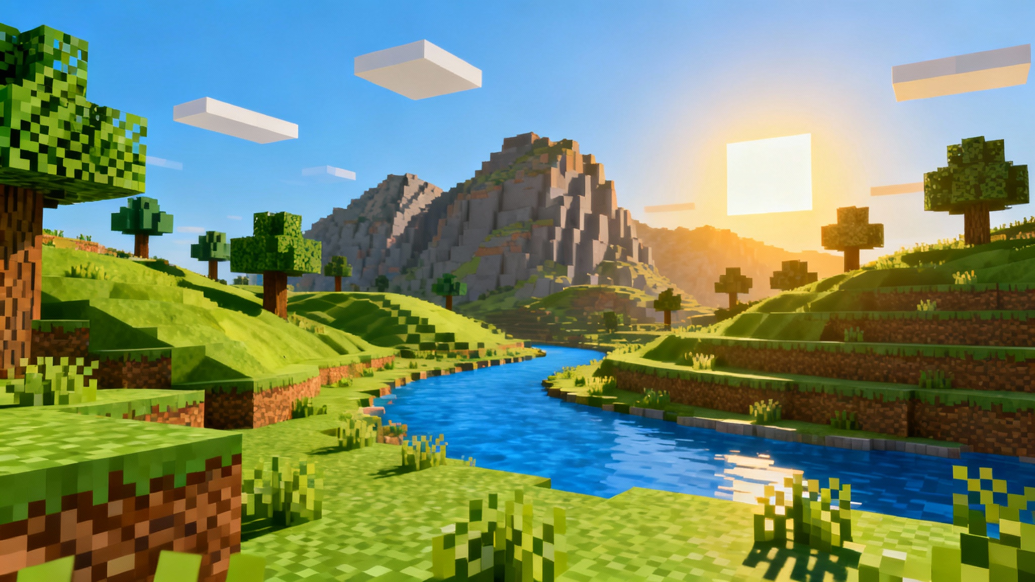 A serene Minecraft landscape at sunrise, with blocky hills, trees, and a winding river, all in the classic voxel art style.
