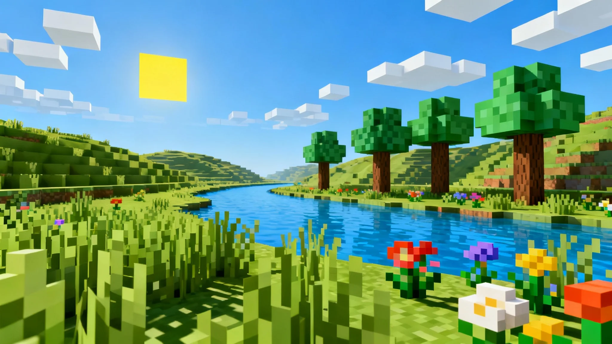 A vibrant, blocky landscape in the style of the game Minecraft, featuring green hills, a blue river, and a square sun in a cloudy sky.