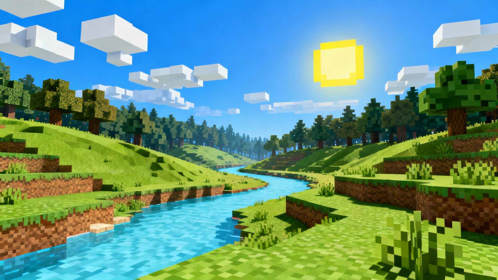 A scenic Minecraft background showing a blocky landscape with green hills, a river, and a forest under a bright sun and cubic clouds.