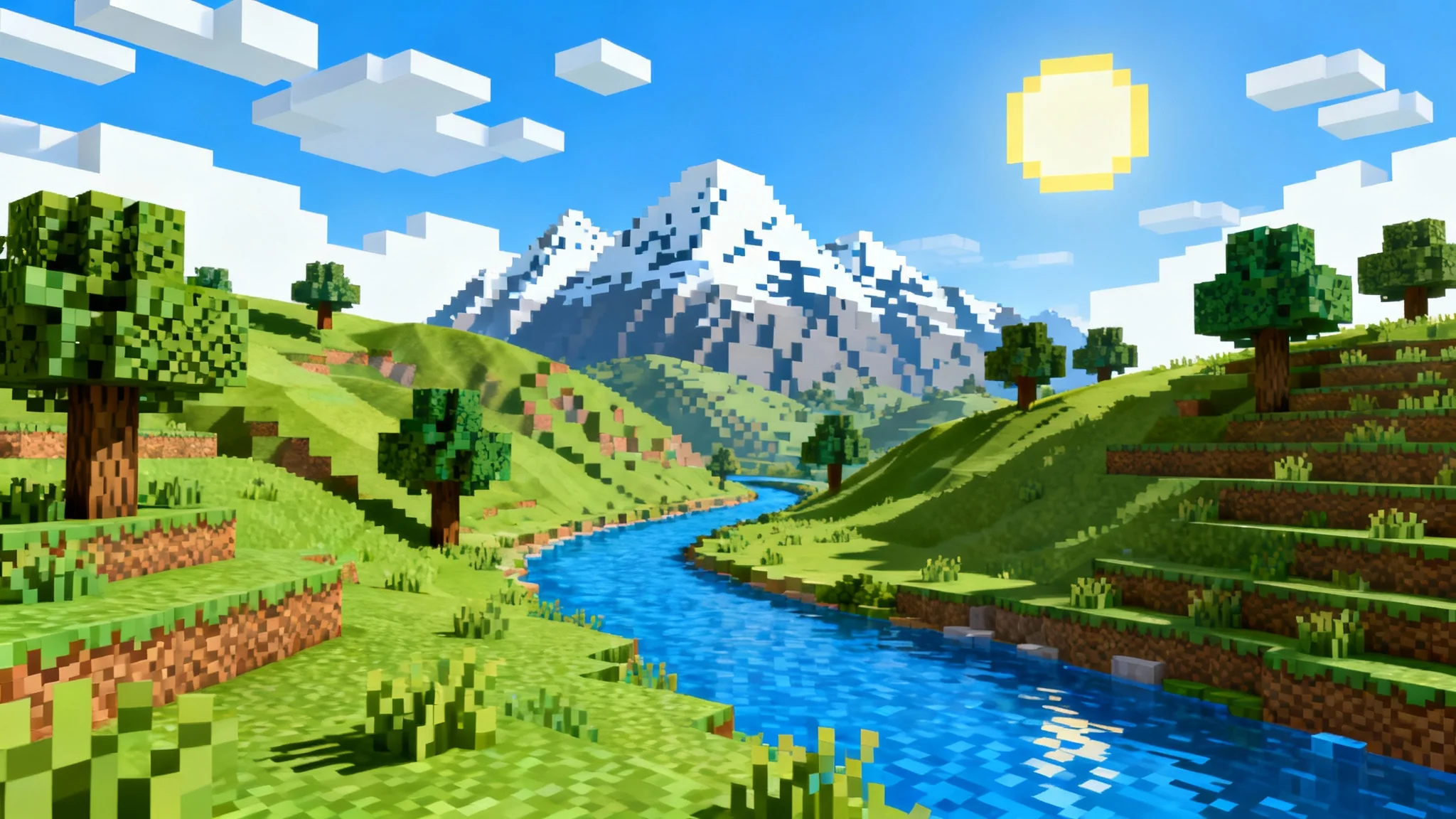 A vibrant, blocky landscape in the style of the game Minecraft, showing green hills, a river, and snow-capped mountains under a blocky sun.