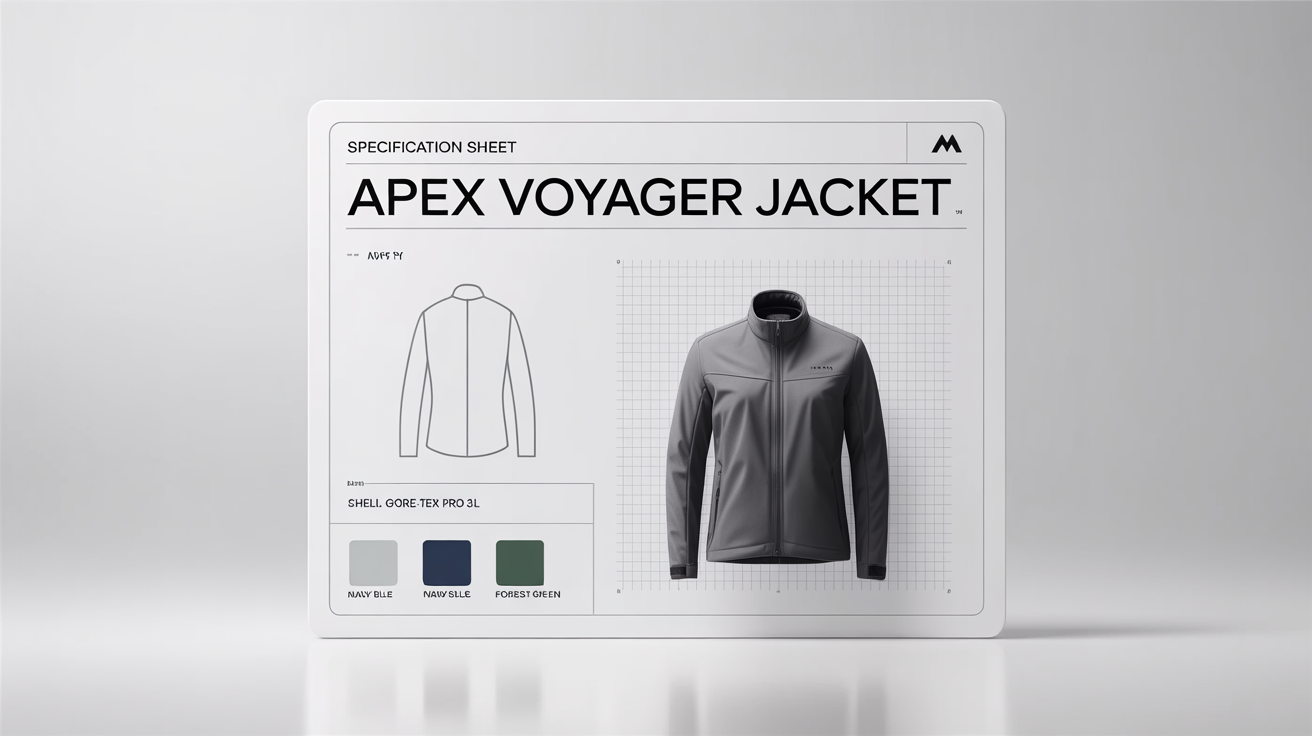 A professionally designed and completed specification sheet for a technical jacket, displayed at an angle on a white background. The sheet includes a product photo, technical drawings, measurements, and color options.