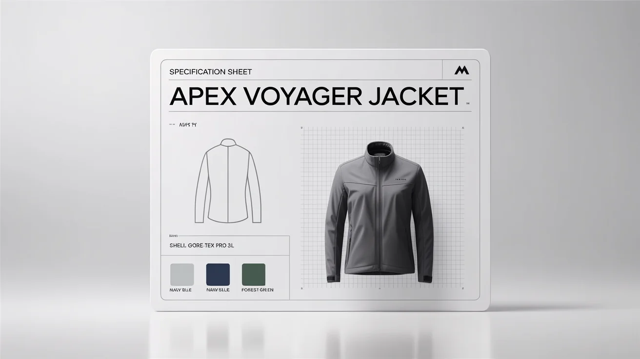 A professionally designed and completed specification sheet for a technical jacket, displayed at an angle on a white background. The sheet includes a product photo, technical drawings, measurements, and color options.