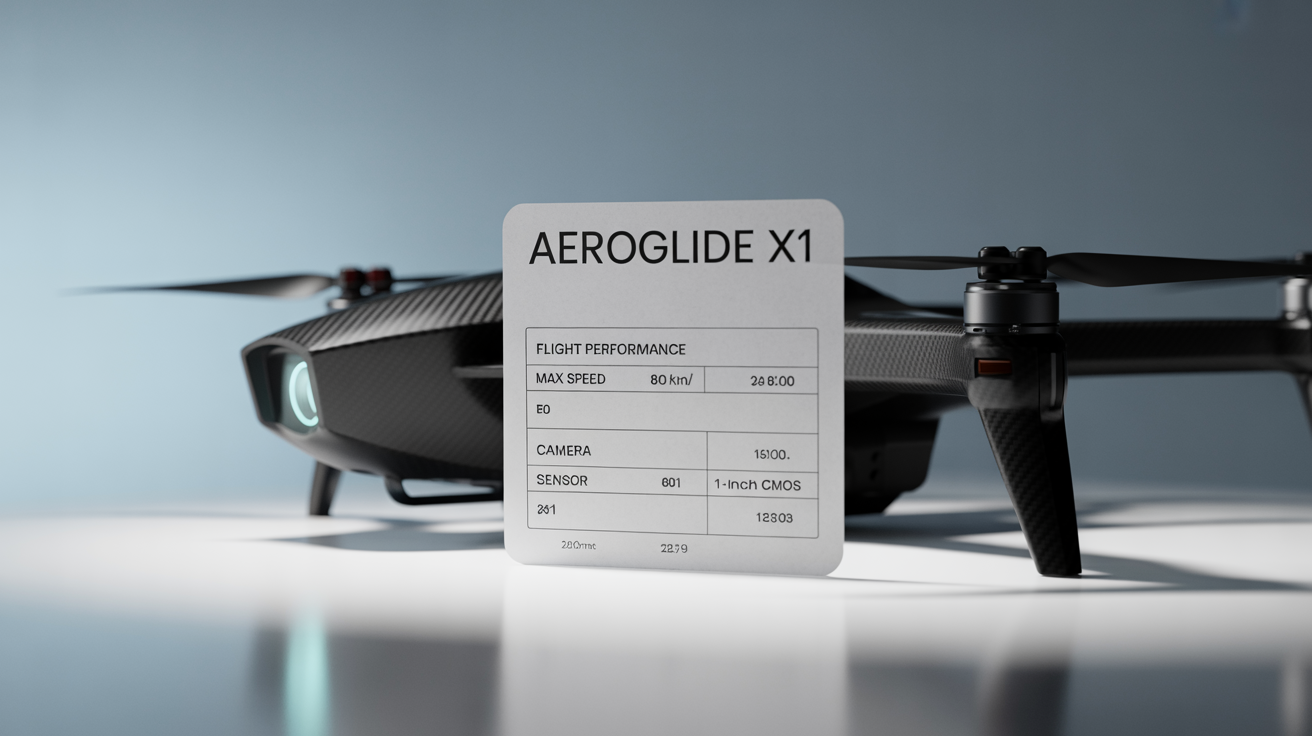 A professionally designed technical specification sheet for a fictional drone, the 'AeroGlide X1', lying on a white surface, with a corner of the drone visible in the background.