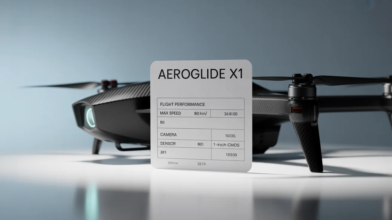 A professionally designed technical specification sheet for a fictional drone, the 'AeroGlide X1', lying on a white surface, with a corner of the drone visible in the background.
