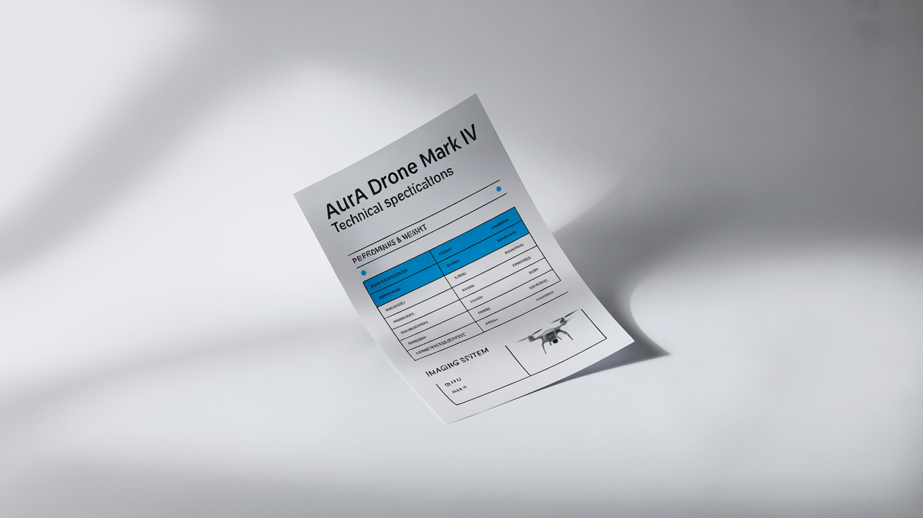 A professionally designed technical specification sheet for a fictional 'Aura Drone Mark IV', showcasing its technical details with a clean layout, tables, and a small drone diagram, all on a white background.