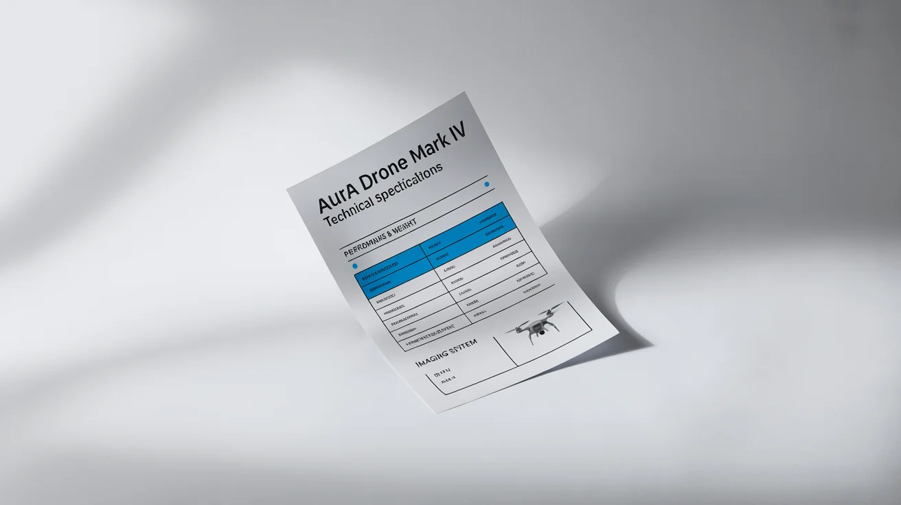 A professionally designed technical specification sheet for a fictional 'Aura Drone Mark IV', showcasing its technical details with a clean layout, tables, and a small drone diagram, all on a white background.