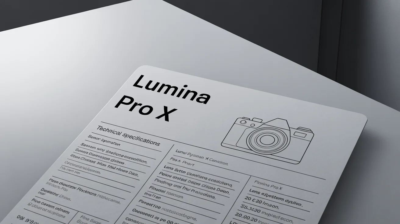 A professionally designed technical specification sheet for a fictional 'Lumina Pro X' camera, featuring technical details and a line-art diagram, laid out on a clean white background.