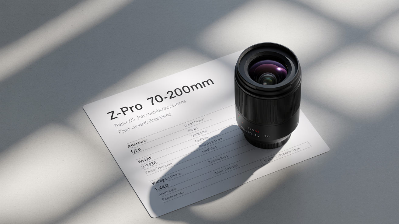 A top-down view of a professional camera lens lying next to its technical specification sheet on a clean white background, representing detailed product information.