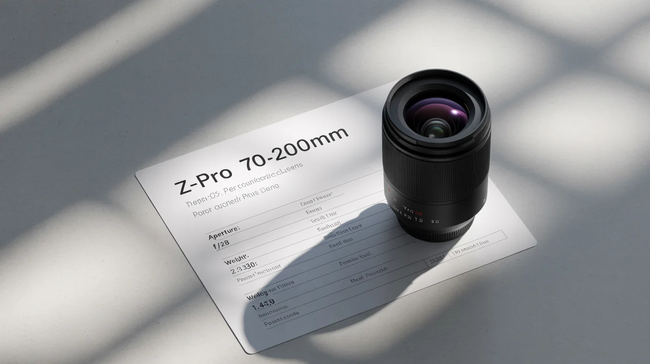 A top-down view of a professional camera lens lying next to its technical specification sheet on a clean white background, representing detailed product information.