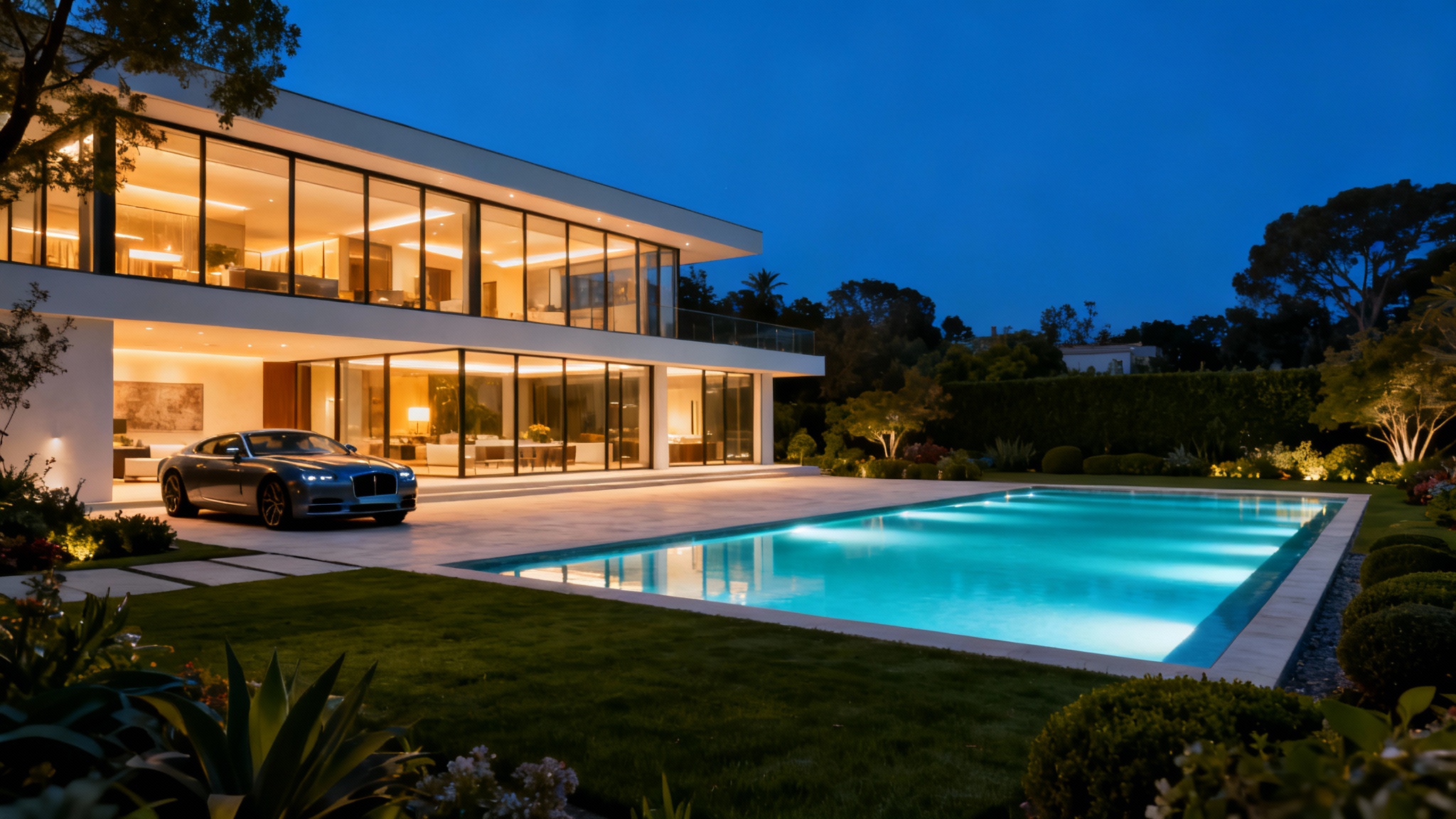 A stunning hero image of a modern luxury mansion at twilight, with its interior lights glowing and reflecting in a serene infinity pool.