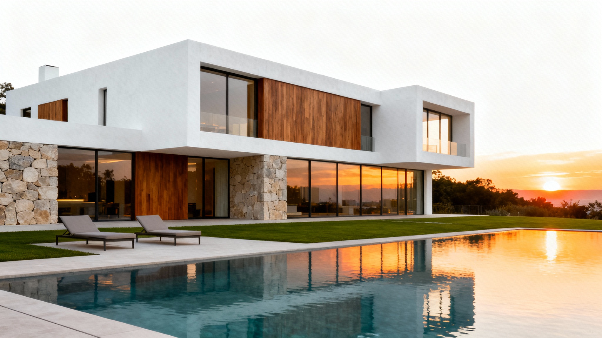 A modern luxury mansion with large glass windows and an infinity pool at sunset, displayed on a clean white background.