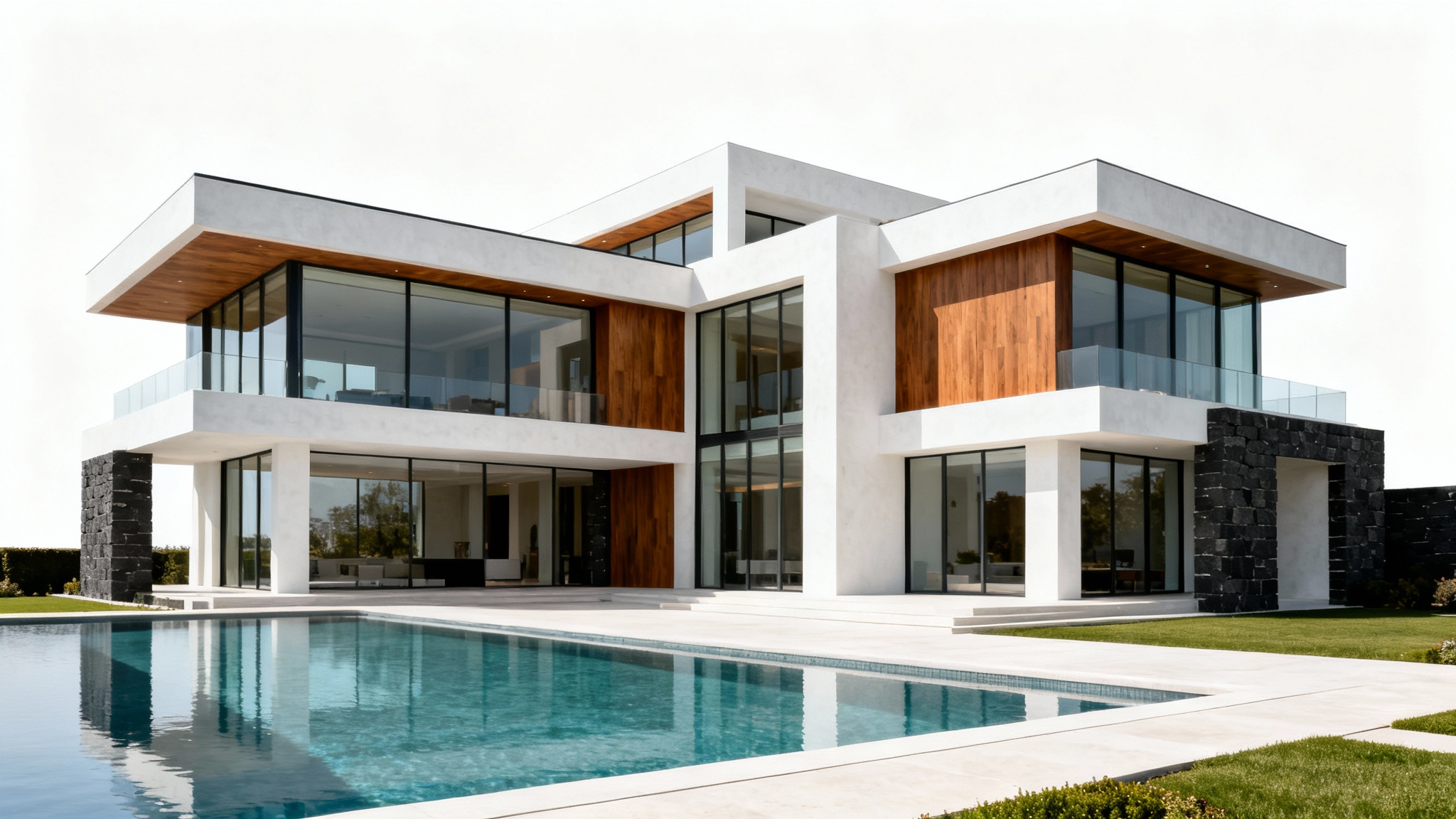 A photorealistic image of a modern, multi-story luxury mansion with large glass windows and an infinity pool, presented against a clean white background.