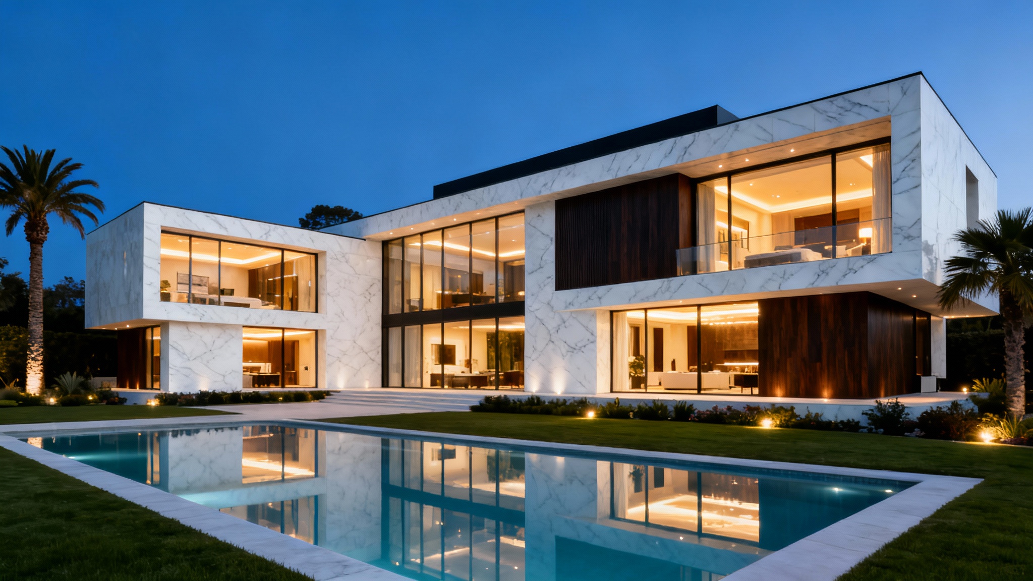 A photorealistic mockup of a luxurious modern mansion with an infinity pool at dusk, shown against a solid white background.