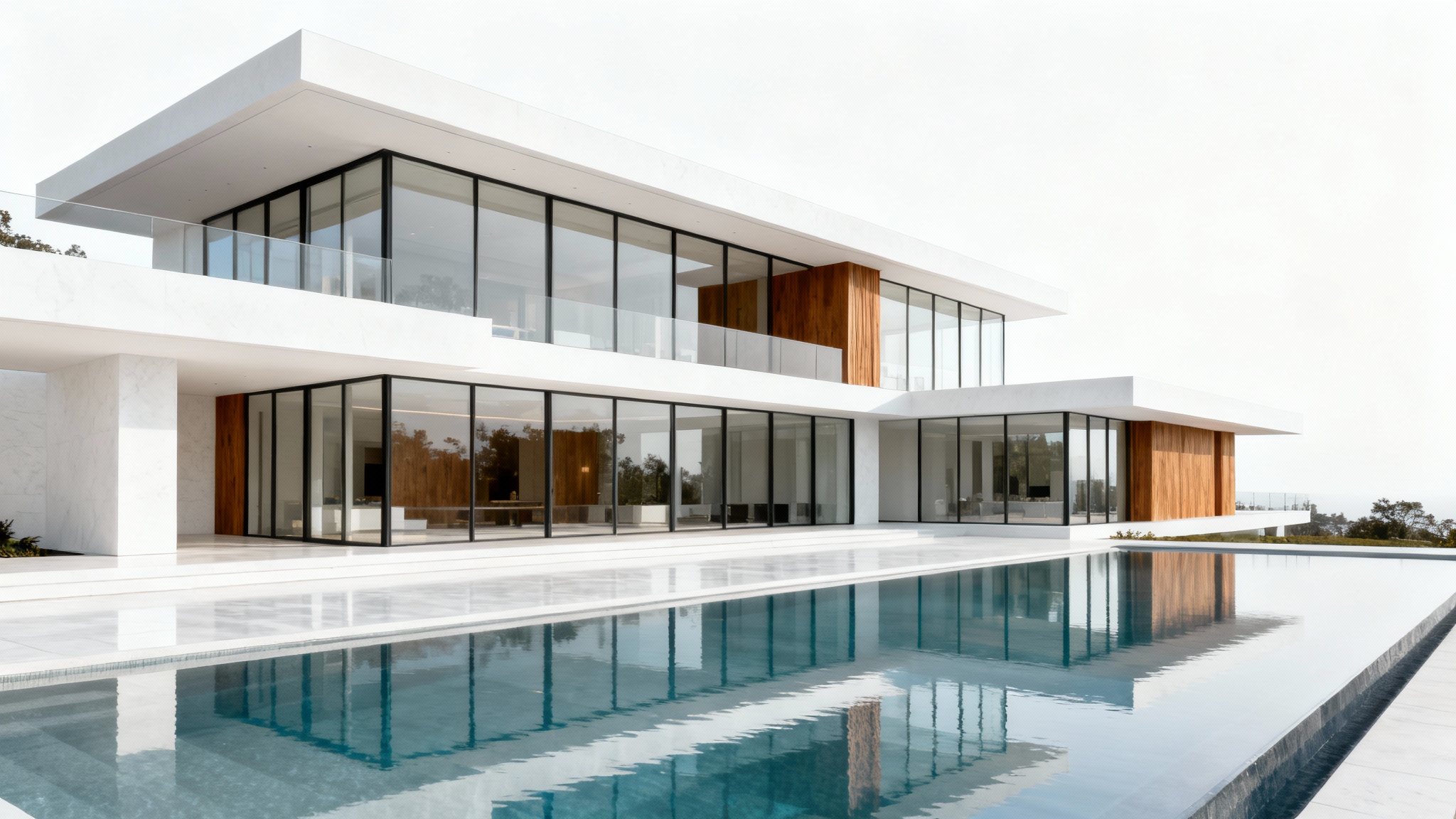 A stunning, ultra-modern mansion with large glass windows and an infinity pool, presented in a photorealistic style against a plain white background.