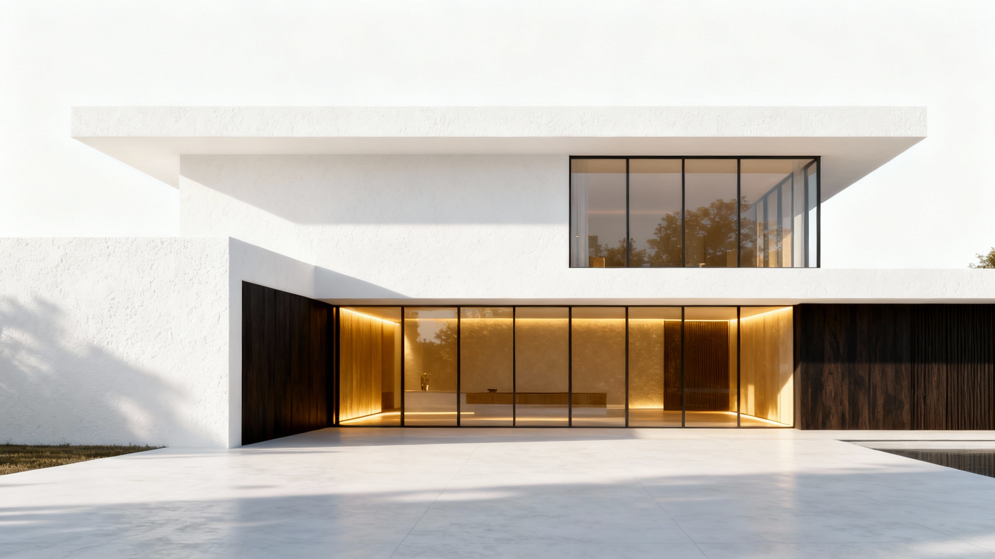 A photorealistic image of a large, modern luxury mansion with white walls and large glass windows, set against a plain white background.