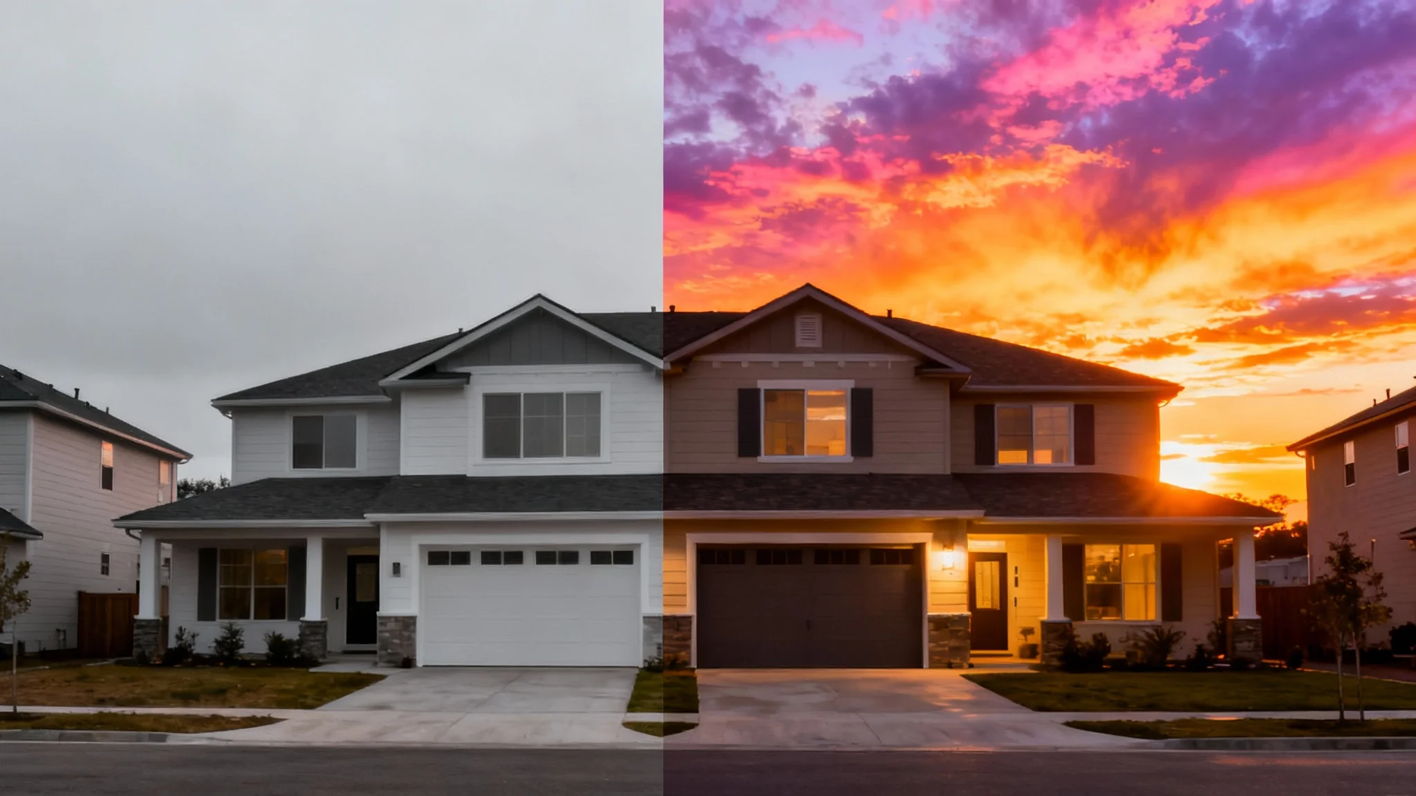 A before-and-after image demonstrating sky replacement on a house photo. The left side shows the house with a dull grey sky, and the right side shows the same house with a beautiful sunset sky.
