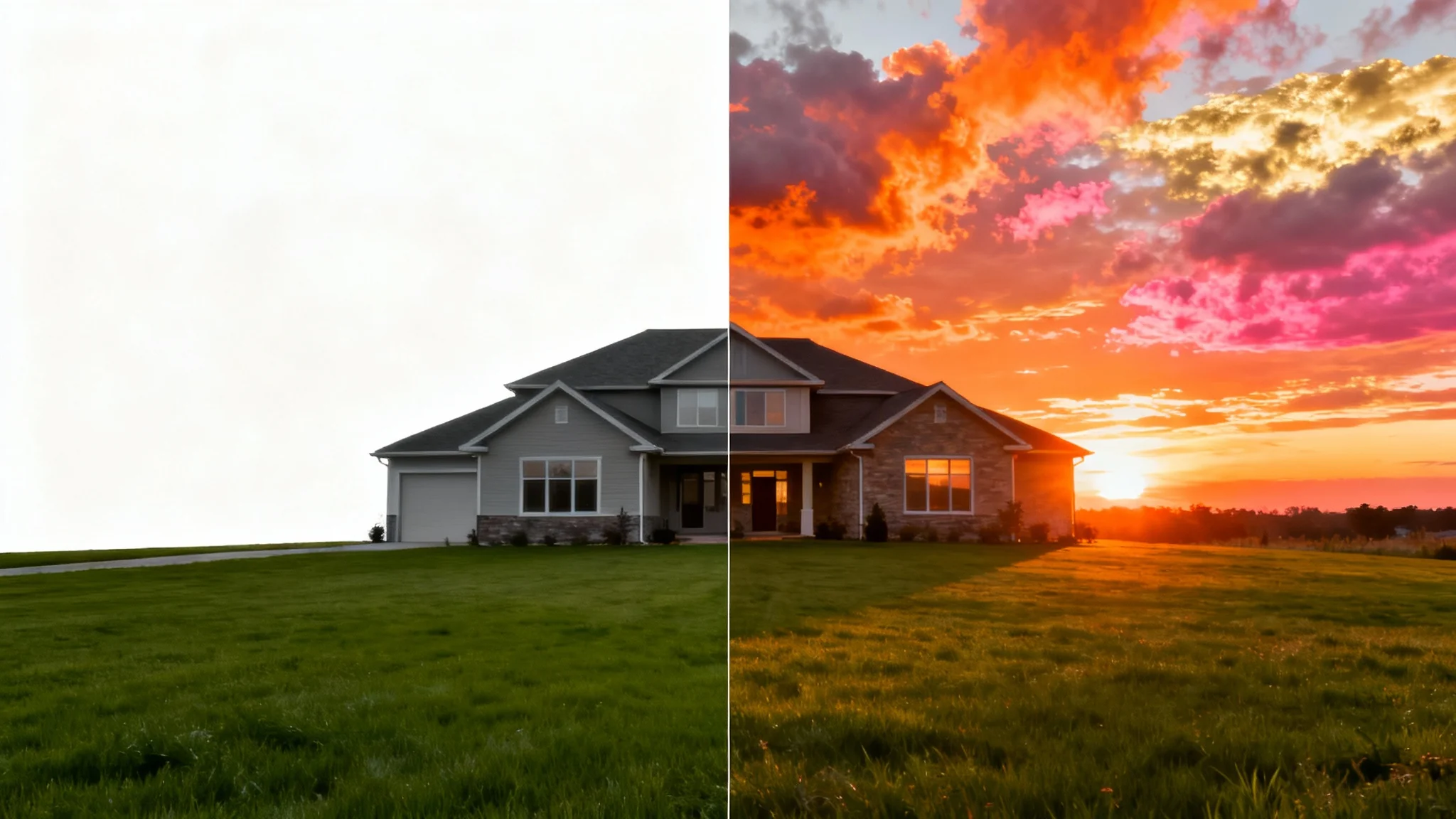 A split-screen image comparing a house before and after a sky replacement. The left side shows the house with a dull, grey sky, and the right side shows the same house with a beautiful, vibrant sunset sky.