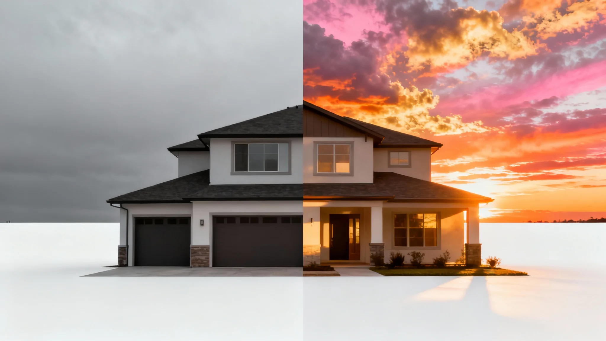 A before-and-after image of a house, demonstrating a sky replacement. The left side shows the house with a dull, grey sky, and the right side shows the same house with a beautiful, colorful sunset sky.