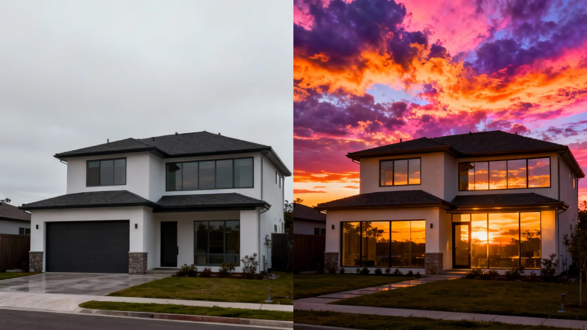 A before-and-after split image of a modern house. The 'before' side shows the house under a dull, gray sky, and the 'after' side shows the same house under a spectacular, colorful sunset sky, demonstrating a sky replacement effect.