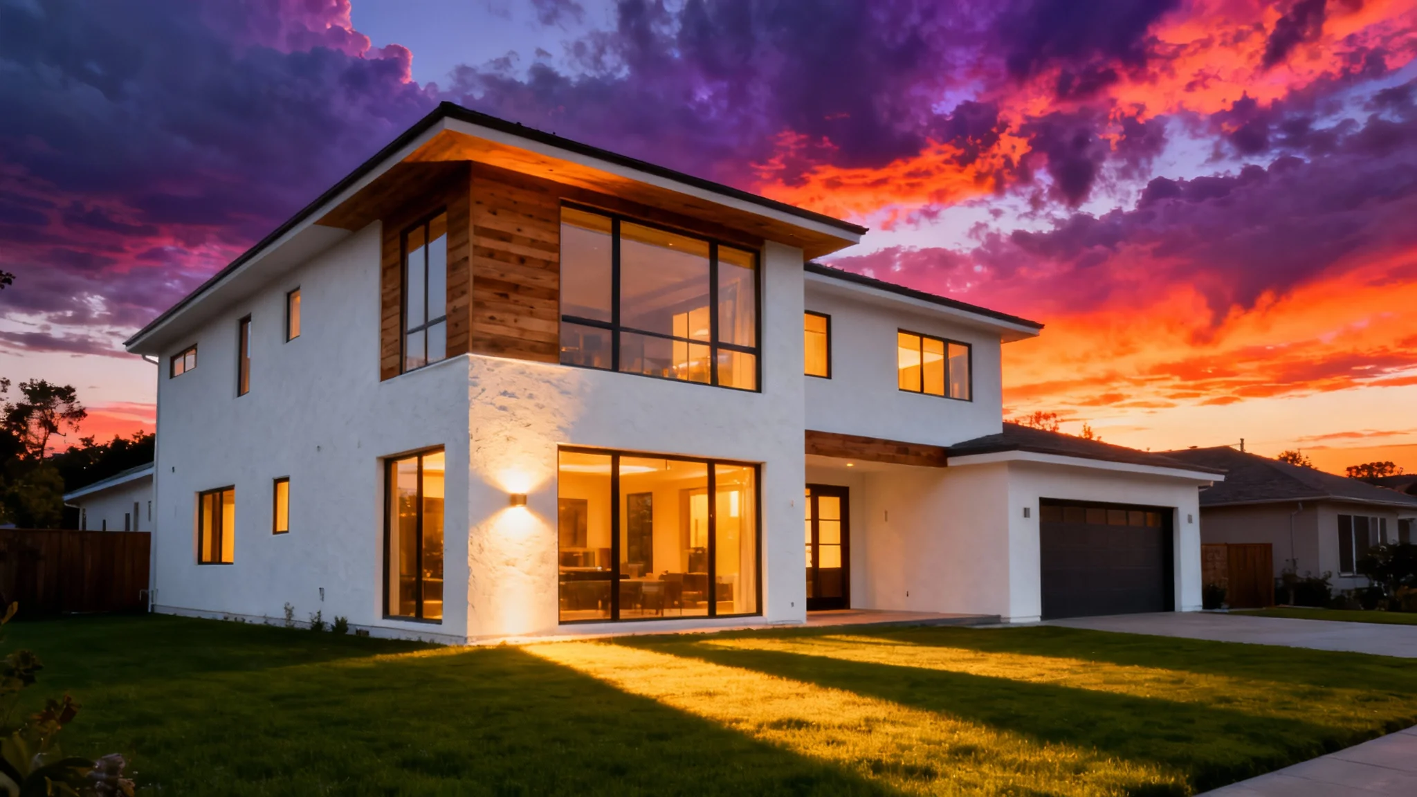 A modern house at sunset, featuring a dramatic, colorful sky of orange and purple, illustrating a sky replacement effect.